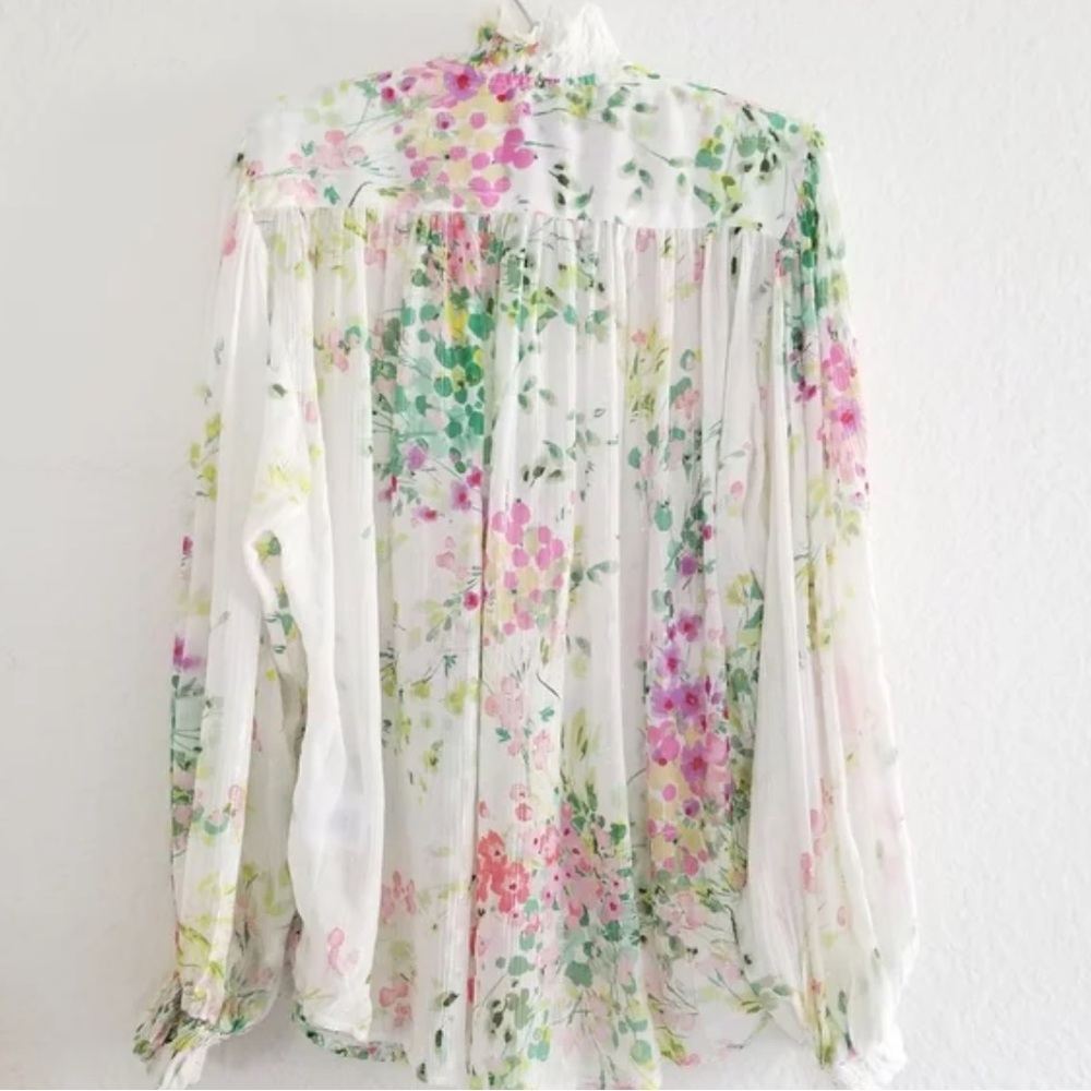 Anthropologie White Floral Tie-Front Blouse - Picture 10 of 13